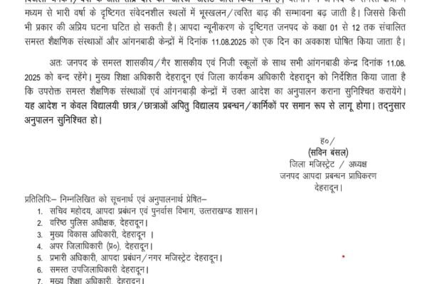 देहरादून और बागेश्वर में आज कक्षा एक से 12वीं तक के सभी स्कूलों में रहेगा अवकाश……..